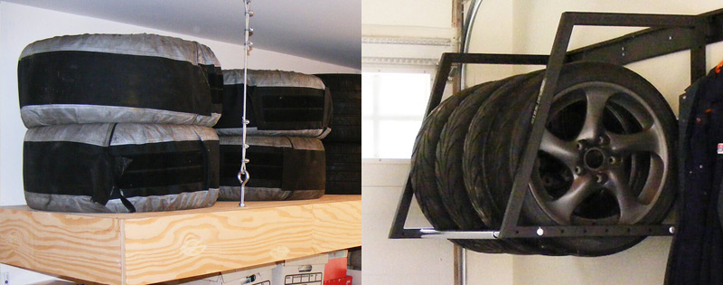 Storing tires on shelves and racks in the garage