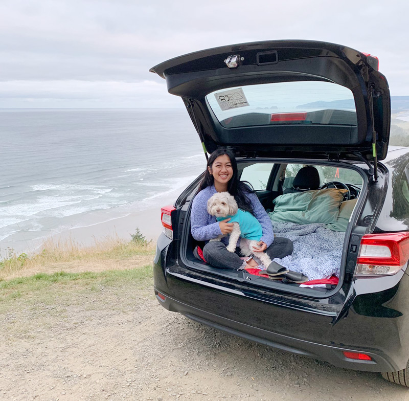 car camping in a Subaru