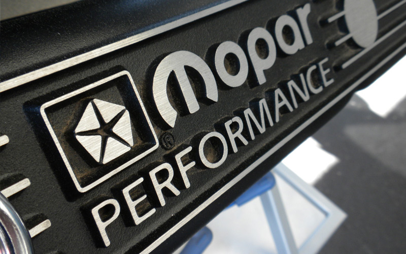 Mopar Performance logo on the side of an engine - mopar.com