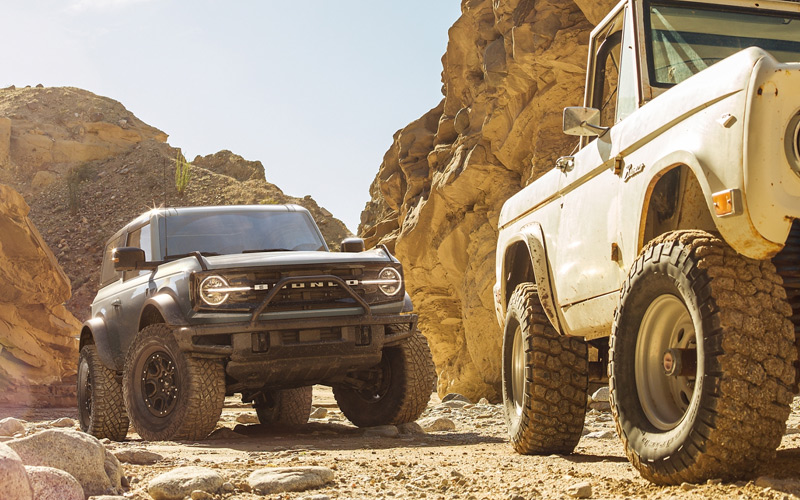 2021 Ford Bronco behind the original Ford Bronco - ford.com 2021 Ford Bronco behind the original Ford Bronco - ford.com