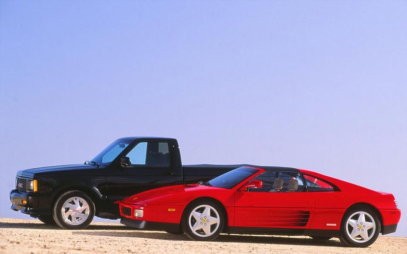 GMC Syclone lined up next to the Ferrari 348TS - caranddriver.com