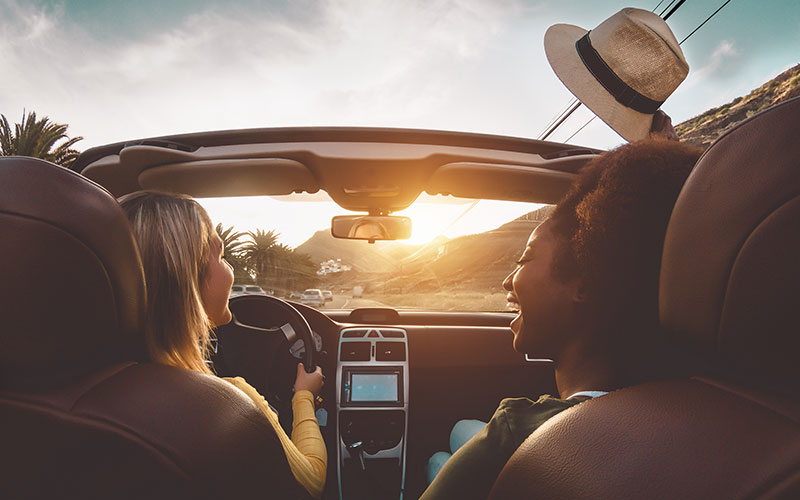 A couple of people on a road trip