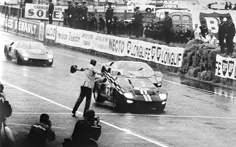 Trio of Ford GT40s Crossing Le Mans Finish Line - media.ford.com