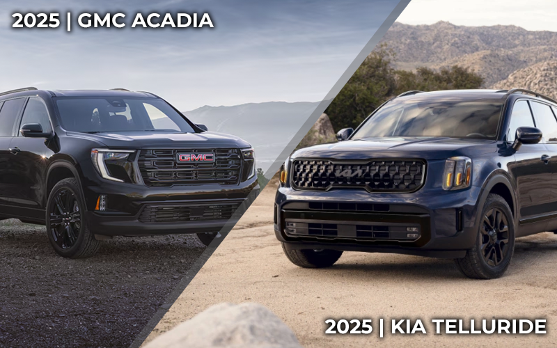 a photo that's cut in half diagonally to show a 2025 gmc acadia on the left side and a 2025 kia telluride on the right