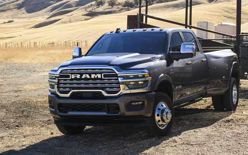 A 2025 Ram 3500 backed up in a ranching field