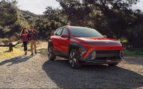 Red 2026 Hyundai Kona parked on a trail
