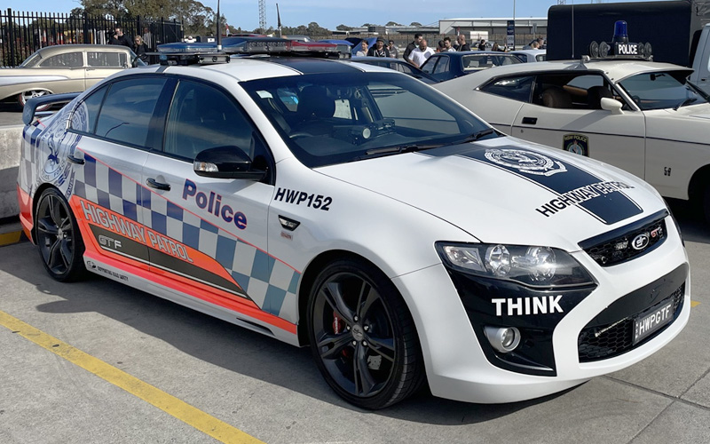 A 2014 Ford Falcon GT-F used by the Traffic and Highway Patrol Command NSW Police Force in Australia