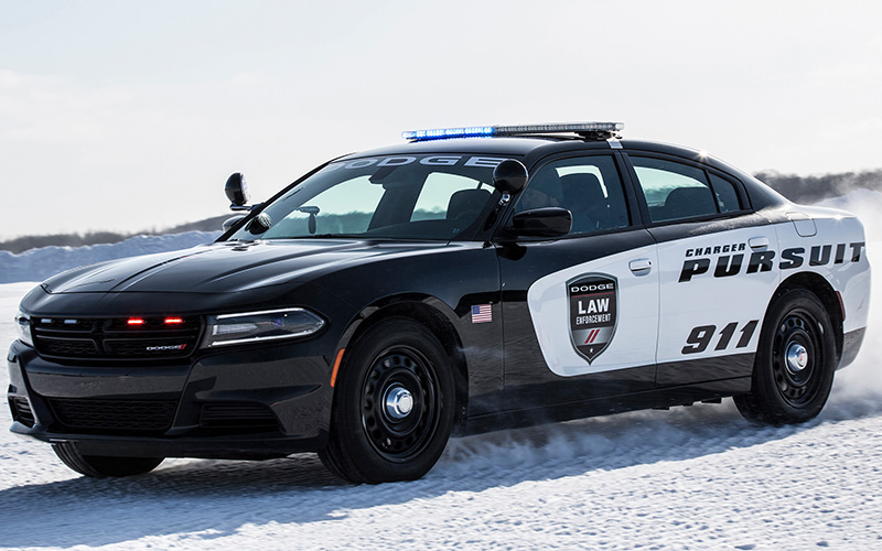 A 2019 Dodge Charger Pursuit police vehicle on the snow