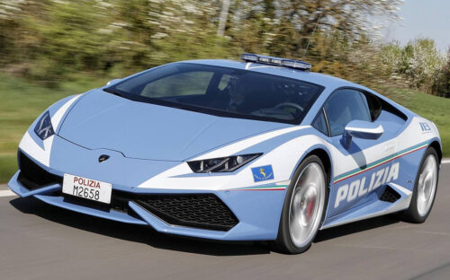 A light blue 2024 Lamborghini Gallardo police car in Italy