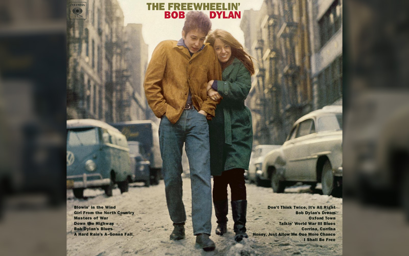 Volkswagen Bus parked on a street on Bob Dylan's The Freewheelin' Bob Dylan album cover