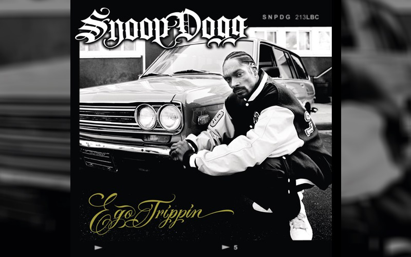 A black and white photo of a 1970s Datsun 510 on Snoop Dogg's Ego Trippin' album cover