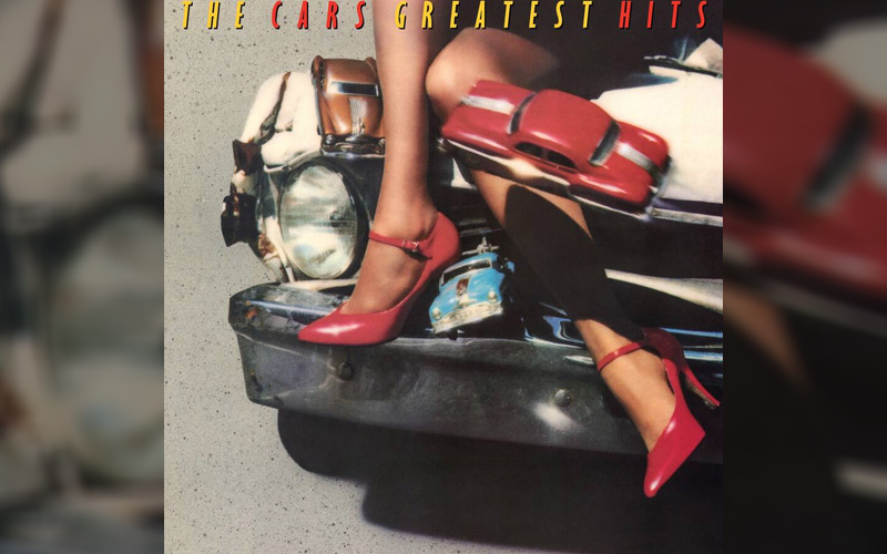 Mashup of vehicles and headlight of a vehicle on The Cars' Greatest Hits album cover
