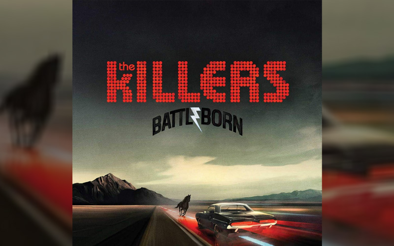 A horse and a Lincoln Continental heading towards each other on The Killers' Battle Born album cover