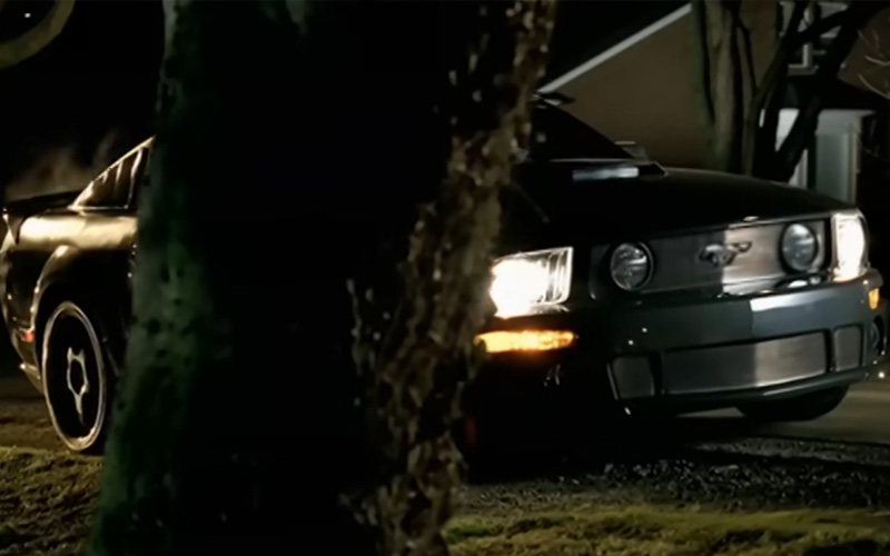 2005_Ford_Mustang_Picture_to_Burn Black 2005 Ford Mustang Parked Behind a Tree