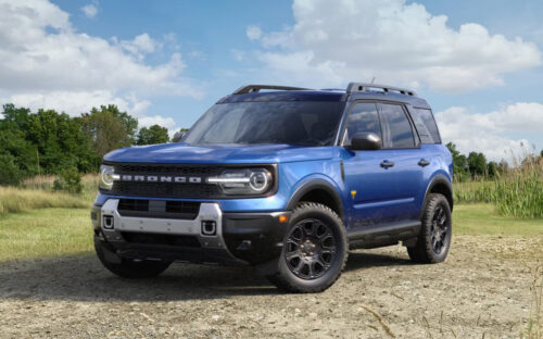Blue 2026 Ford Bronco Sport in a field.