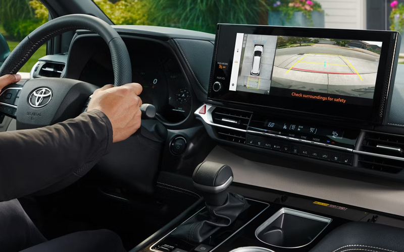 A 360-degree camera view on the dashboard in the cabin of a 2026 Toyota Sienna