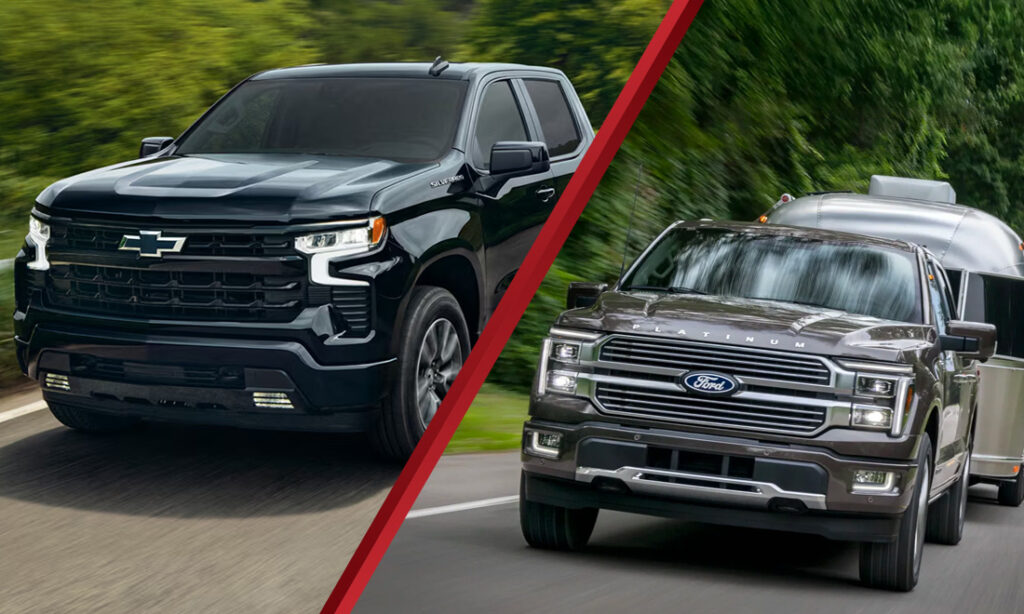 2026 Ford F-150 and 2026 Chevrolet Silverado 1500 driving down the road